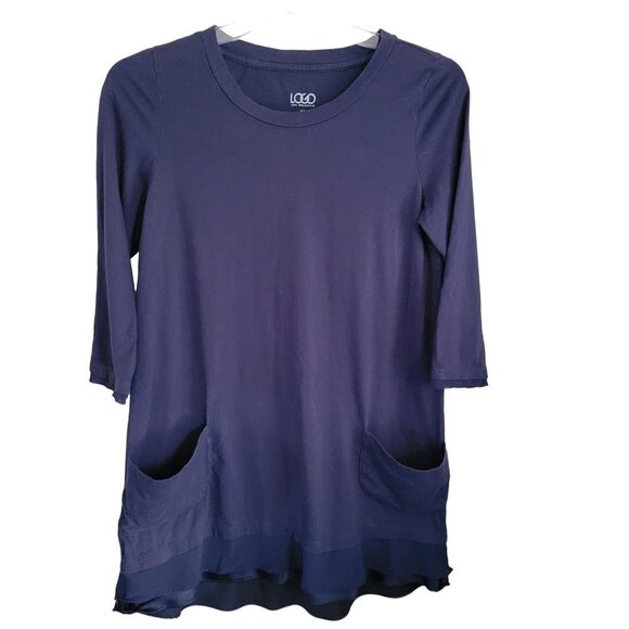 LOGO Lori Goldstein M LS Pockets Blue Chiffon Trim Long Jersey Tunic Blouse - Picture 1 of 8